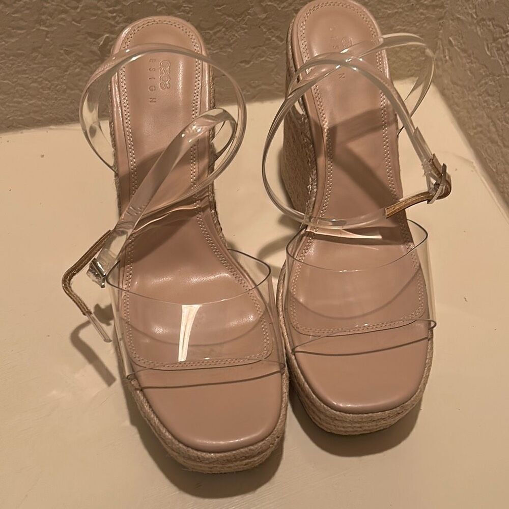 ASOS Women's Size 11 Tasha Clear Strap Espadrille Wedge Sandals Neutral Coastal